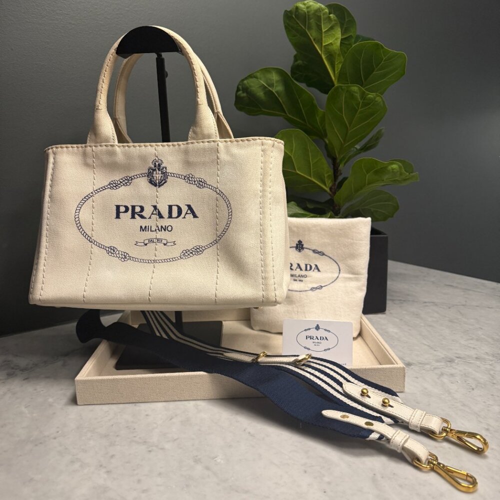 Prada Small White Canapa Logo Tote w/ Strap & Authenticity Certificate Card